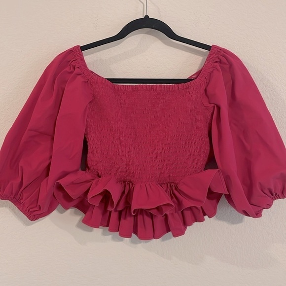 Express Women’s Peplum Top Small Hot Pink Cross Front Smock Back Balloon Sleeve - Picture 3 of 14